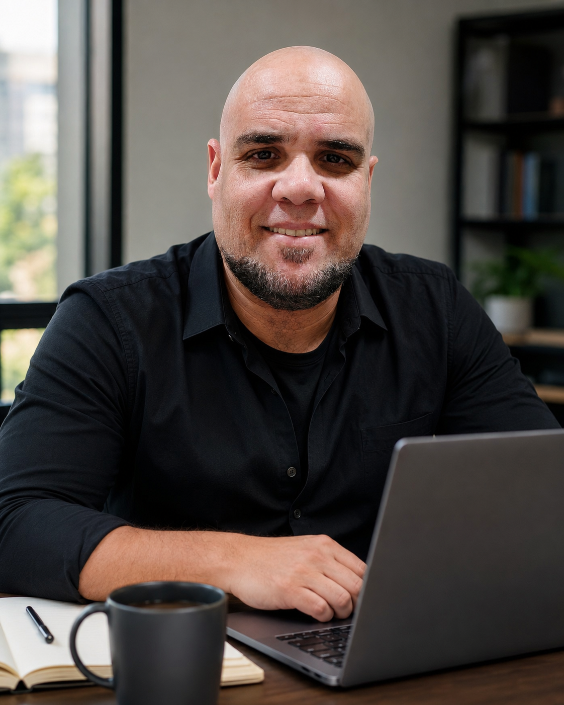 Alexandre Navarro à mesa com notebook